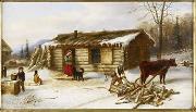 Cornelius Krieghoff Chopping Logs Outside a Snow Covered Log Cabin oil on canvas